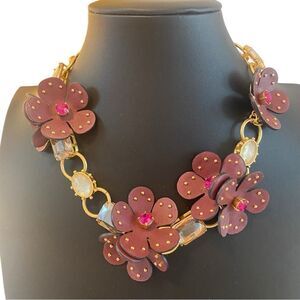 Gorgeous & Sexy Kate Spade Burgundy & Gold Tone Leather Floral Necklace.